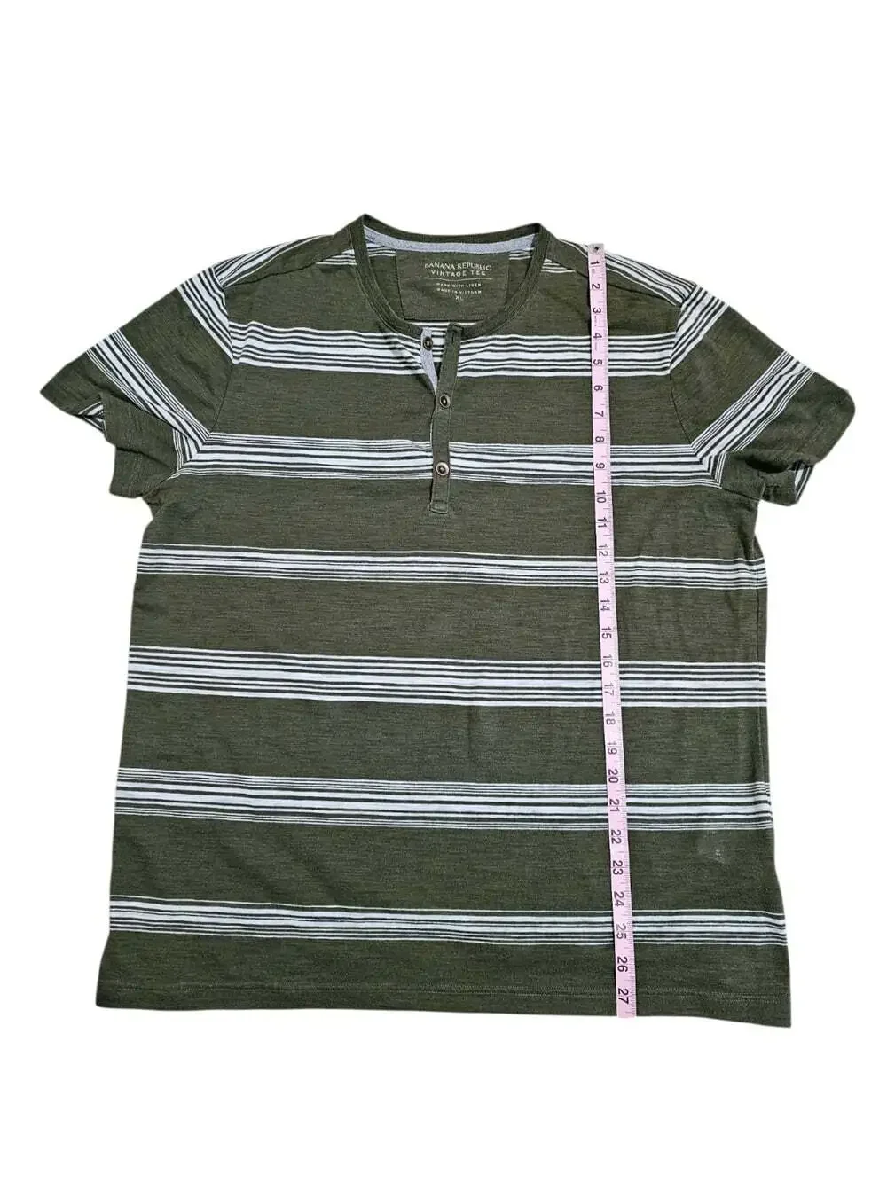 Banana Republic Men XL Henley Tee Olive Green Striped Linen Blend Heritage Rare